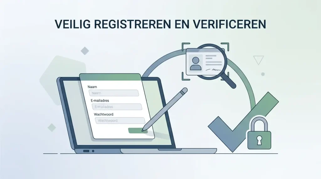 Generieke illustratie van accountregistratie en identiteitscontrole met formulier en sloticoon zonder echte persoonsgegevens