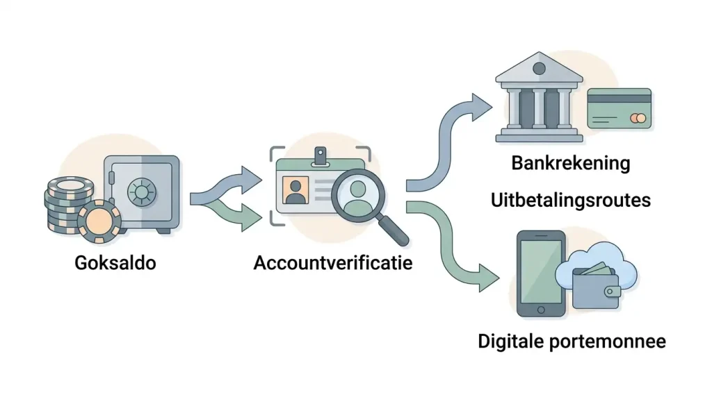 Illustratie van een opnameproces met casinobalans, verificatiestap en bank of digitale wallet