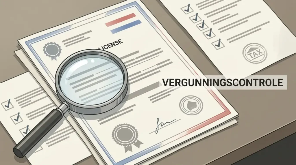 Neutrale illustratie van vergunningcontrole met document, vergrootglas, Nederlandse vlagaccenten en checklist